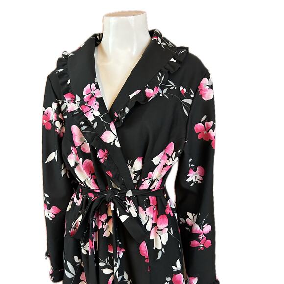 1970s Black Pink Floral Ruffled Maxi Wrap Dress / Large * - Picture 4 of 4